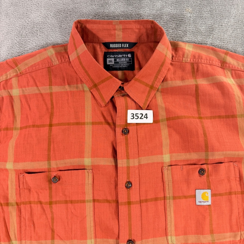 Carhartt‎ Button Down Shirt Mens 2XL Orange Plaid Rugged Flex TW5701-M